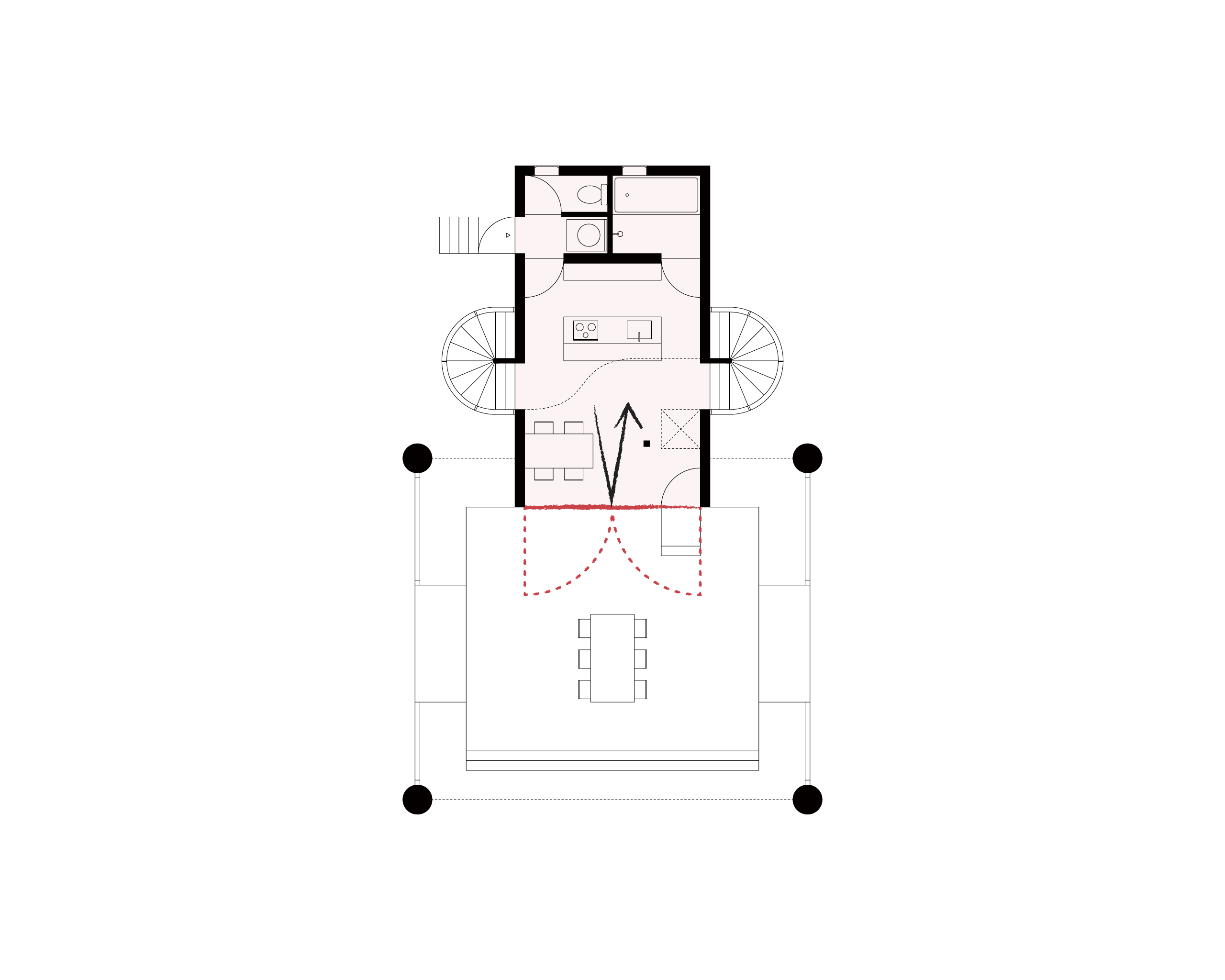 内側を基体とした住宅の平面図