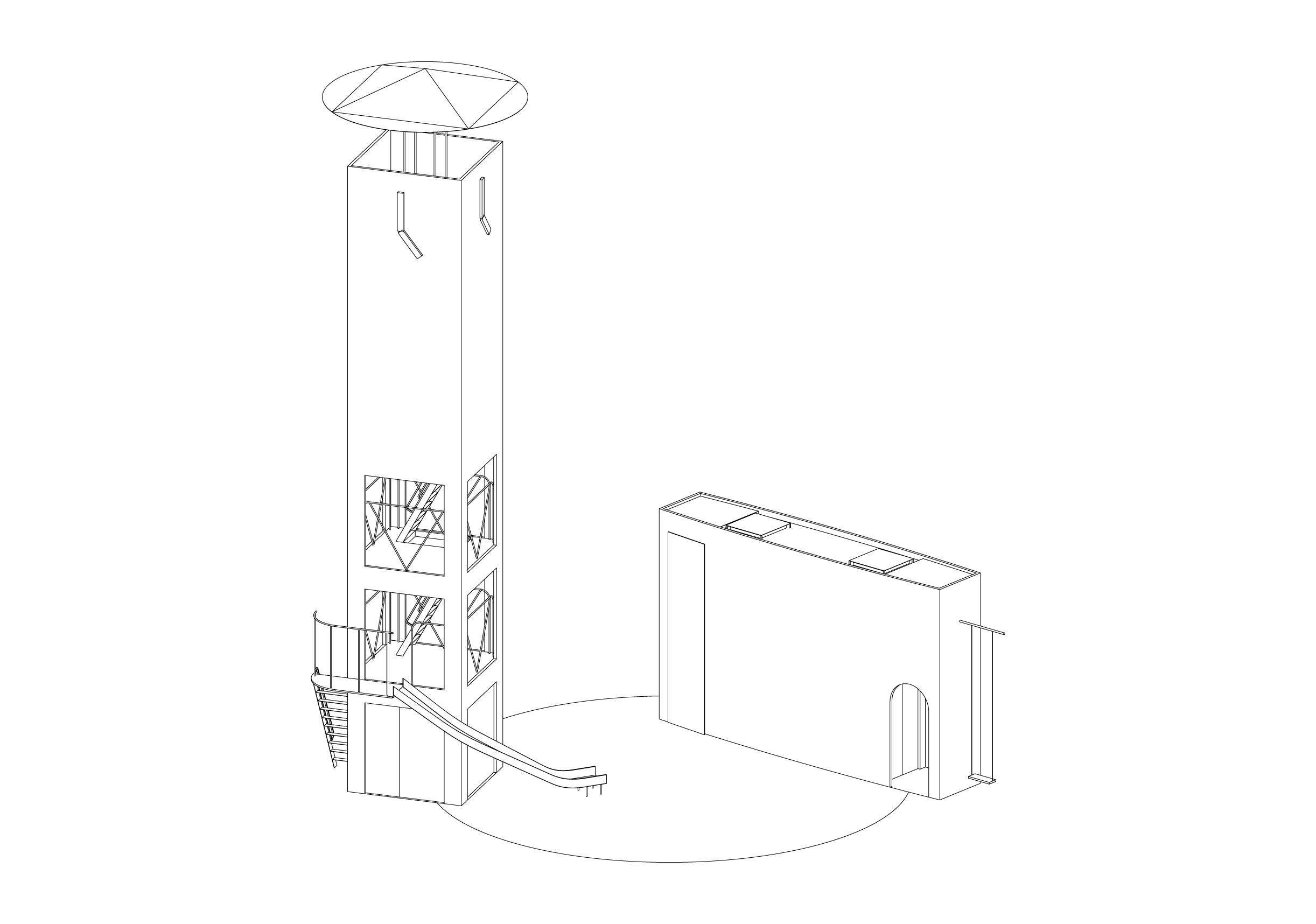 時計塔と壁のアクソメ図